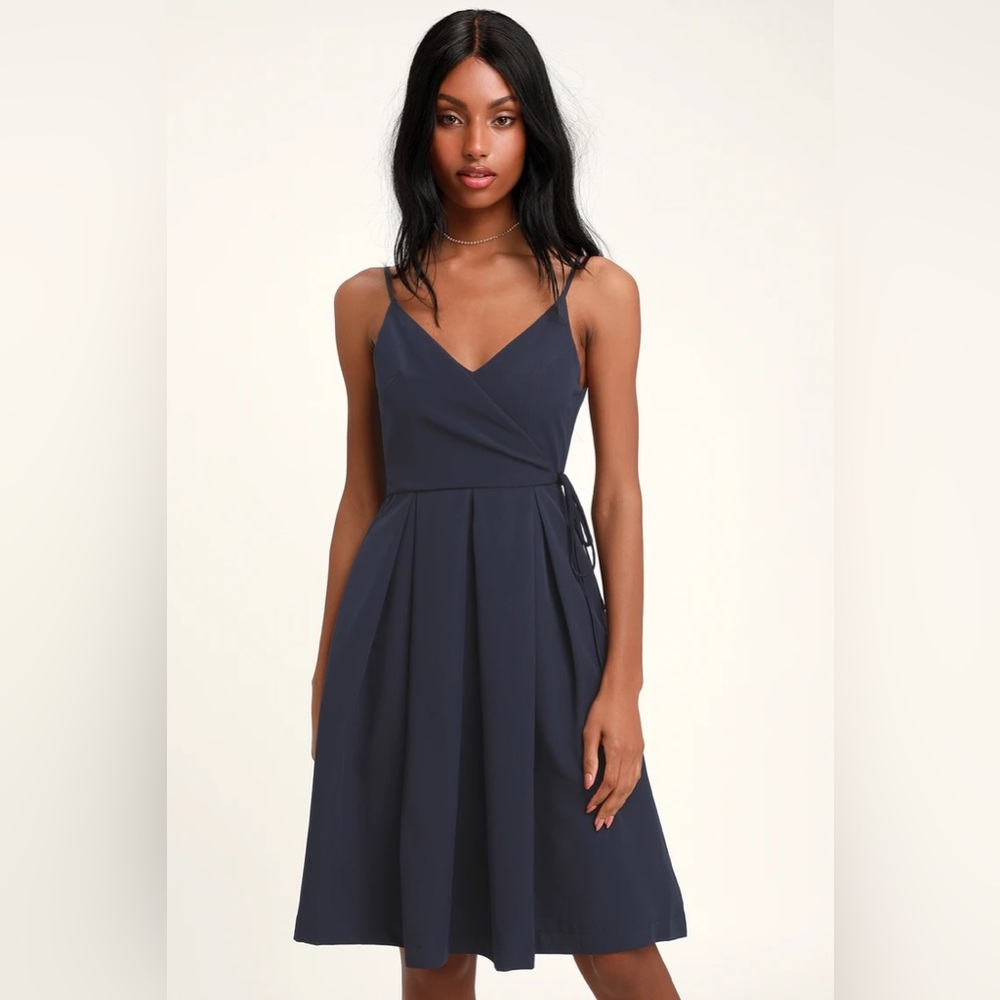 [Lulus] 👗 Thinking About You Navy Blue Pleated Faux Wrap Midi Skater Dress